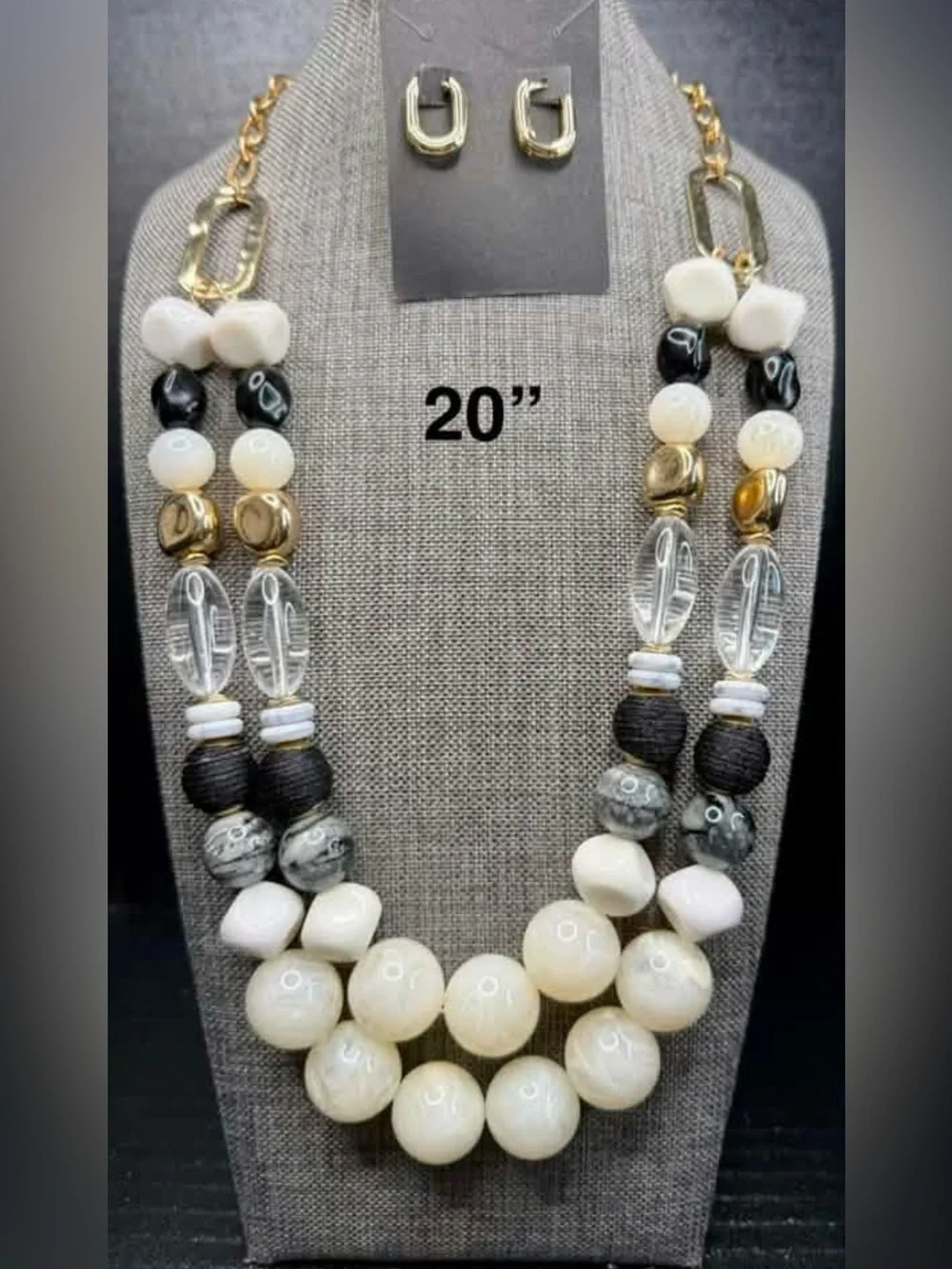 Layered White, Black & Gold Beaded Necklace - 20